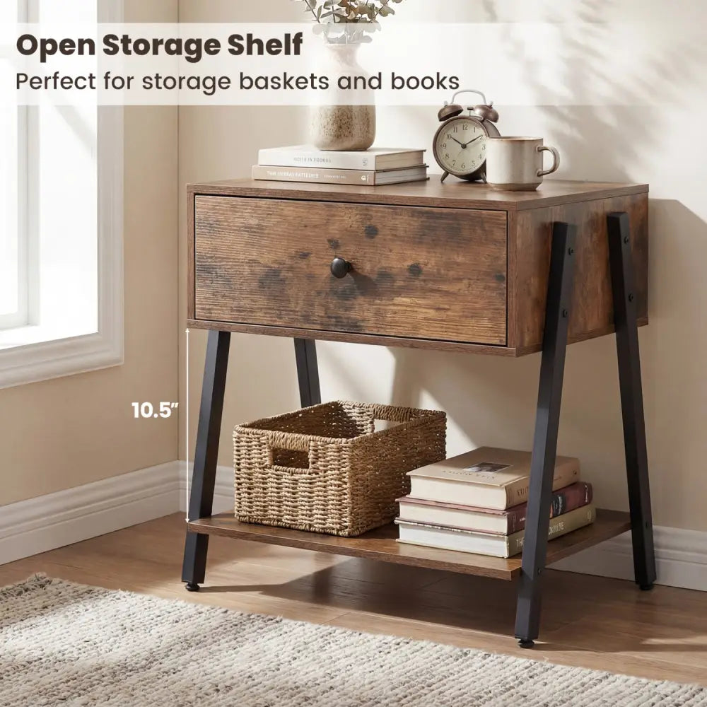 Set of 2 Industrial Nightstand with Adjustable Foot Pads for Bedroom-Rustic Brown - Rustic Brown - Nightstands