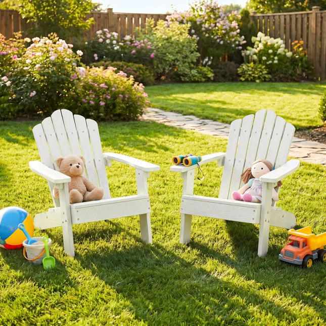 Set of 2 Kids Adirondack Chairs All-weather Outdoor Chairs for Children with Tilted High Backrest-White - White