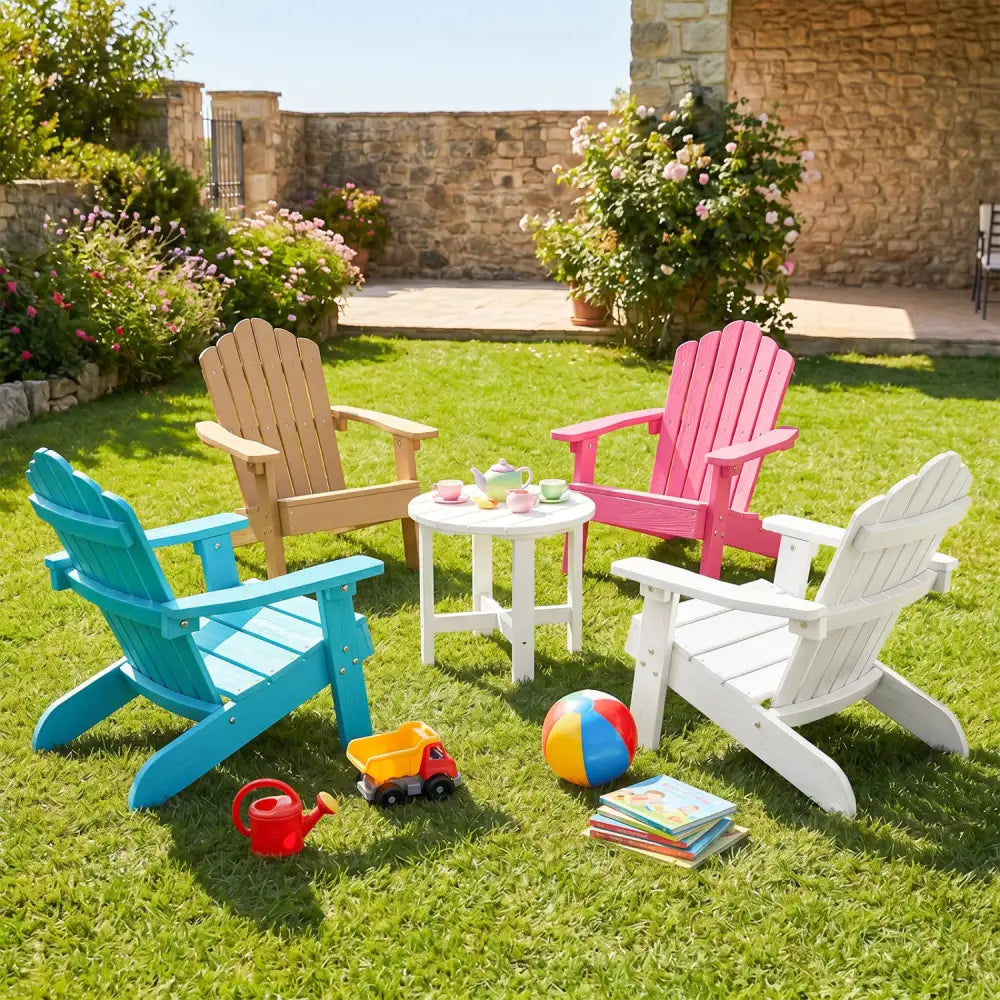 Set of 2 Kids Adirondack Chairs All-weather Outdoor Chairs for Children with Tilted High Backrest-White - White