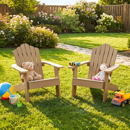 Set of 2 Kids Adirondack Chairs All-weather Outdoor Chairs for Children with Tilted High Backrest-Brown - Brown
