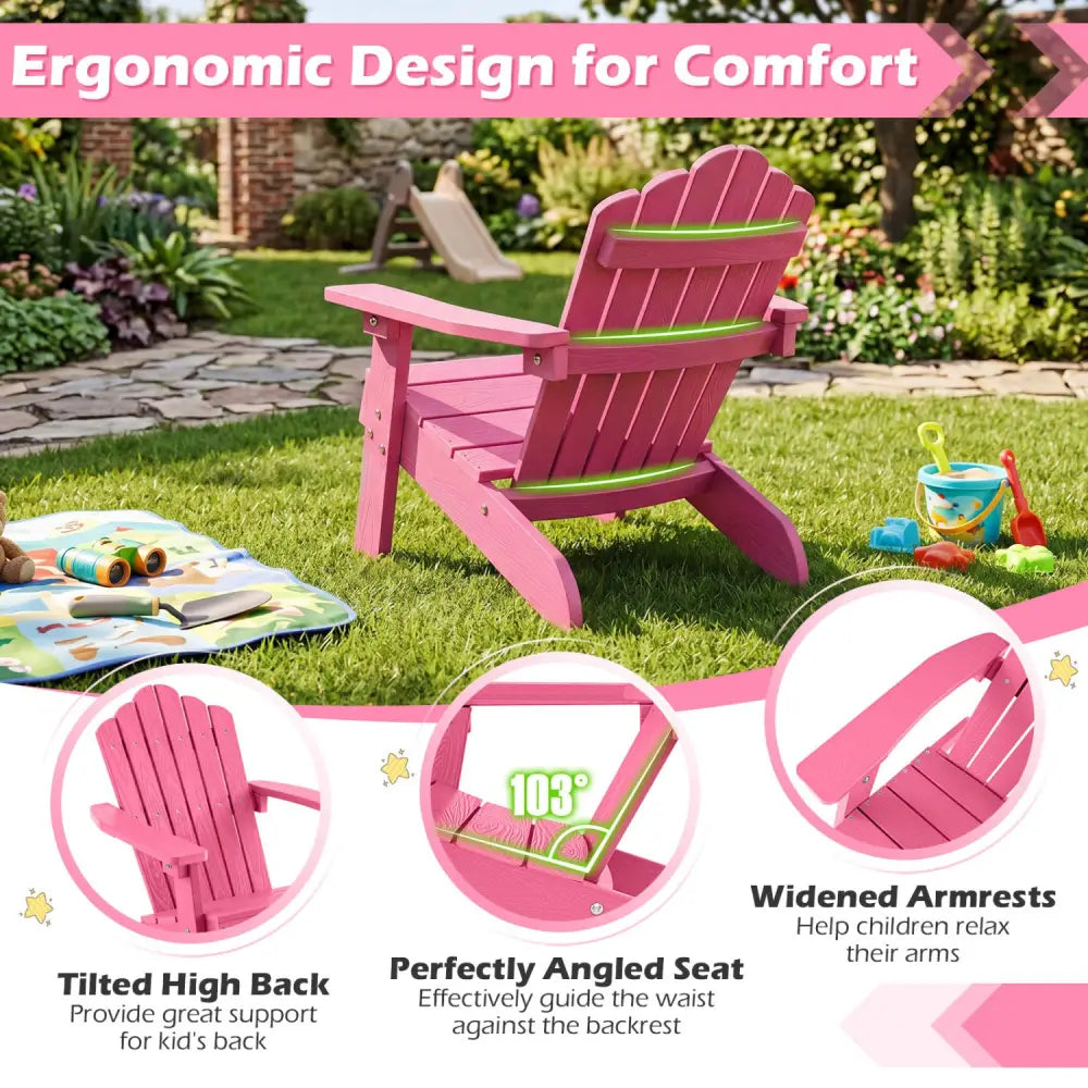 Set of 2 Kids Adirondack Chairs All-weather Outdoor Chairs for Children with Tilted High Backrest-Pink - Pink
