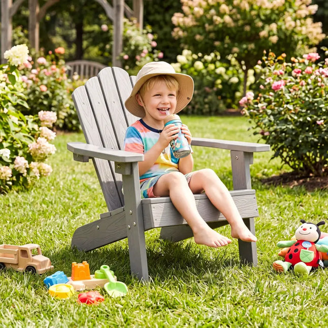 Set of 2 Kids Adirondack Chairs All-weather Outdoor Chairs for Children with Tilted High Backrest-Grey - Gray