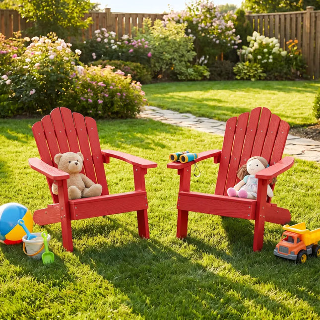 Set of 2 Kids Adirondack Chairs All-weather Outdoor Chairs for Children with Tilted High Backrest-Red - Red