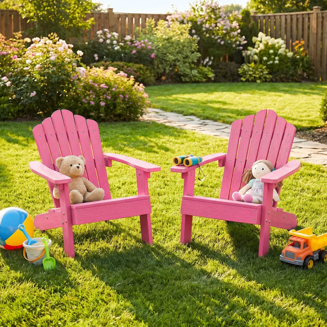 Set of 2 Kids Adirondack Chairs All-weather Outdoor Chairs for Children with Tilted High Backrest-Pink - Pink