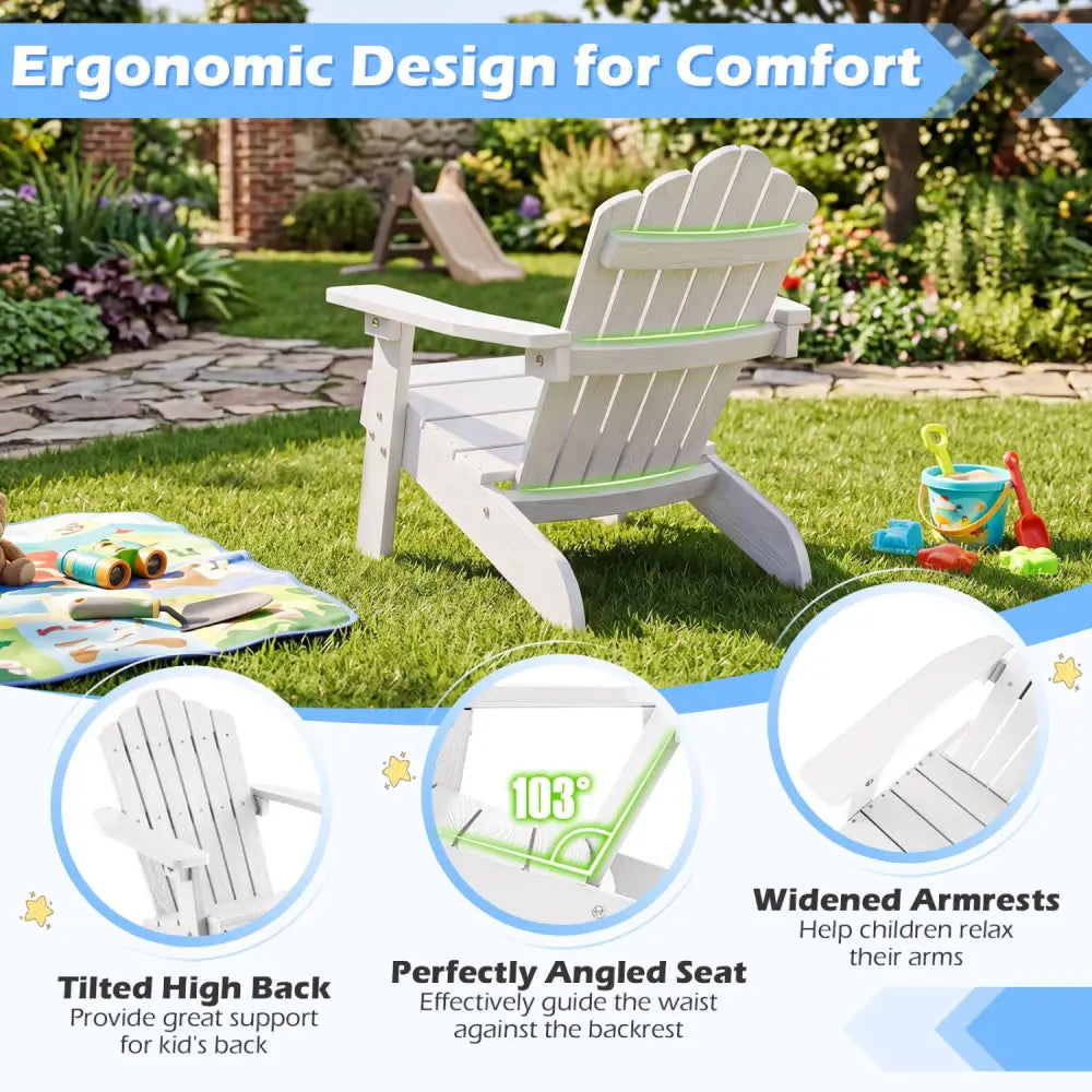 Set of 2 Kids Adirondack Chairs All-weather Outdoor Chairs for Children with Tilted High Backrest-White - White