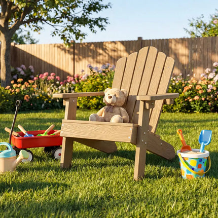 Set of 2 Kids Adirondack Chairs All-weather Outdoor Chairs for Children with Tilted High Backrest-Brown - Brown