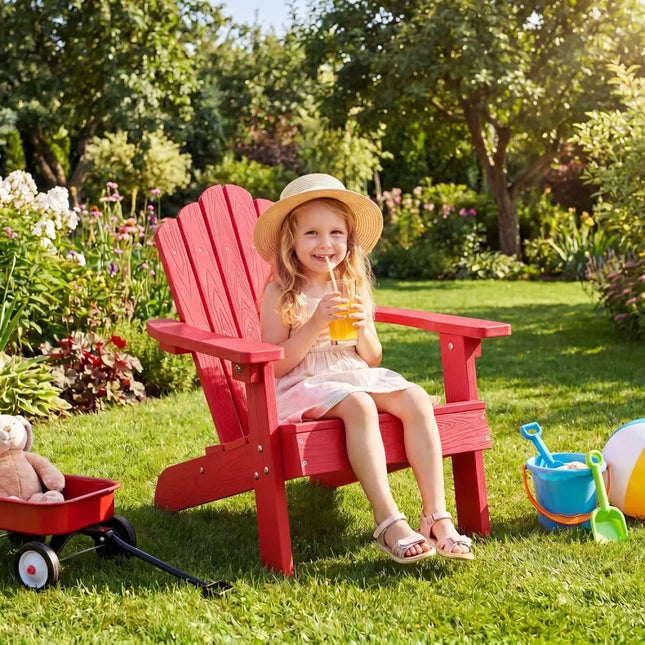 Set of 2 Kids Adirondack Chairs All-weather Outdoor Chairs for Children with Tilted High Backrest-Red - Red