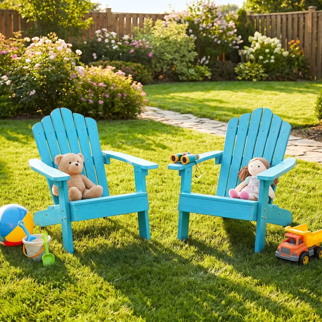 Set of 2 Kids Adirondack Chairs All-weather Outdoor Chairs for Children with Tilted High Backrest-Turquoise - Turquoise