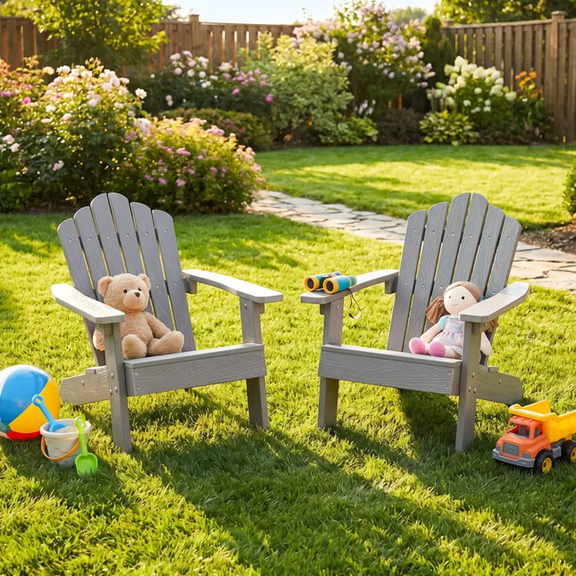 Set of 2 Kids Adirondack Chairs All-weather Outdoor Chairs for Children with Tilted High Backrest-Grey - Gray