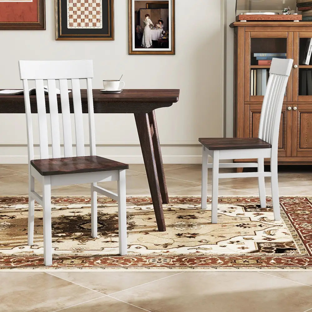 Set of 2 Kitchen Armless Dining Chairs with Slatted High Backrests-White - White - Dining Chairs