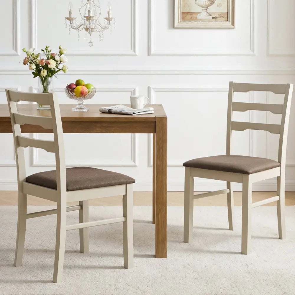 Set of 2 Linen Style Upholstered Dining Chairs with Wood Frames-White - White - Dining Chairs