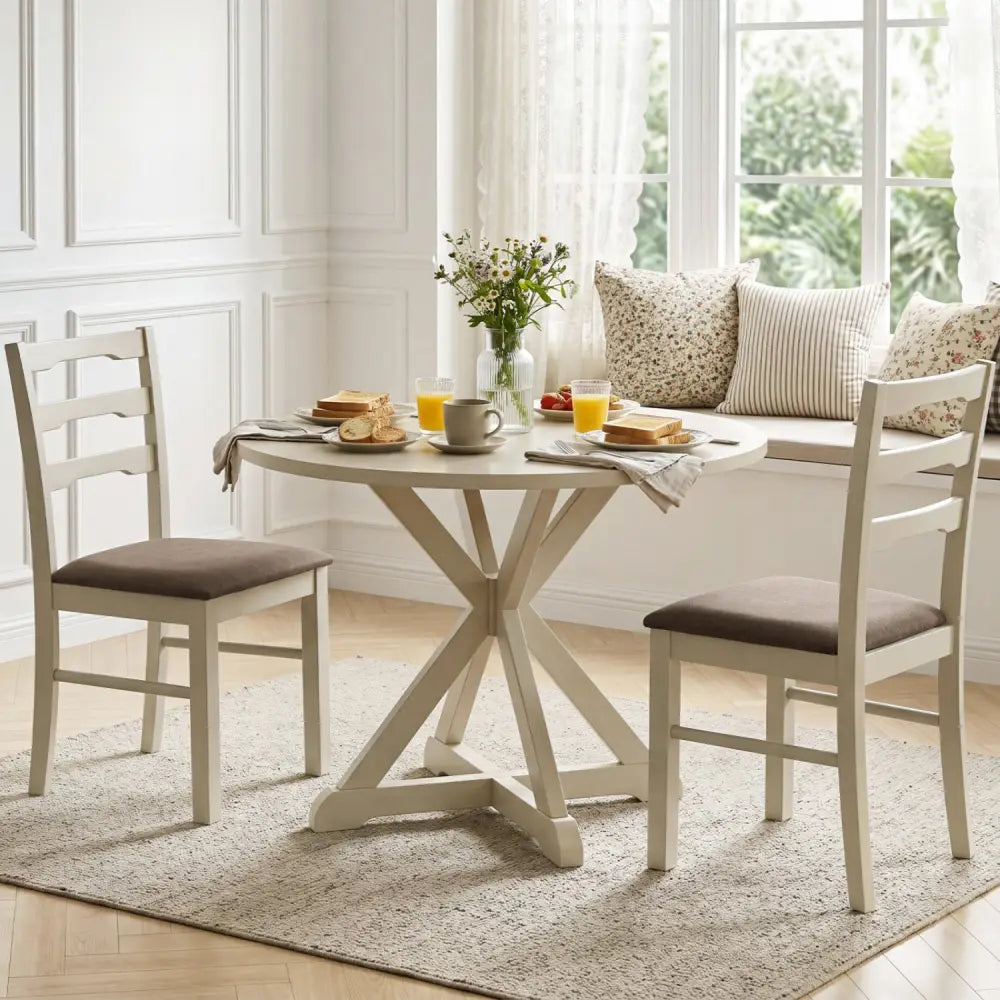 Set of 2 Linen Style Upholstered Dining Chairs with Wood Frames-White - White - Dining Chairs