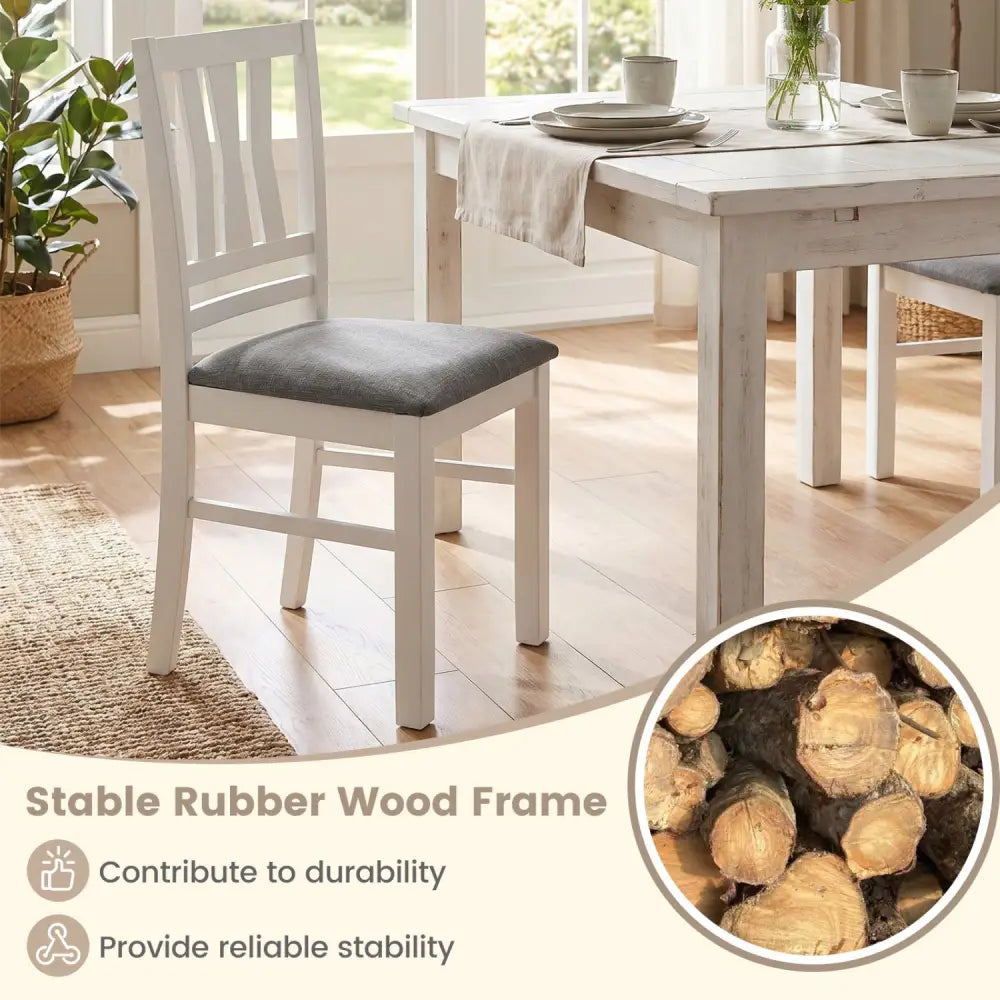 Set of 2 Linen Style Upholstered Kitchen Chairs with Wood Frames-White - White - Dining Chairs
