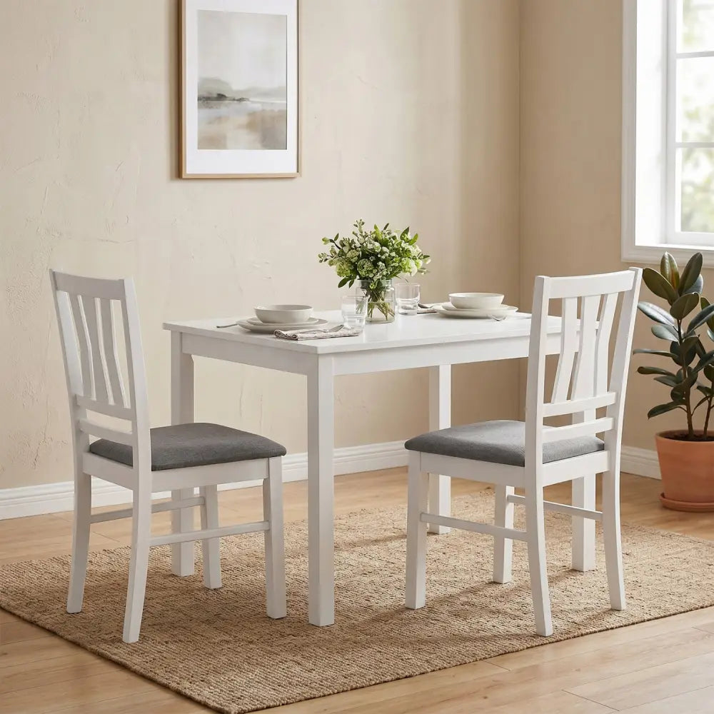 Set of 2 Linen Style Upholstered Kitchen Chairs with Wood Frames-White - White - Dining Chairs