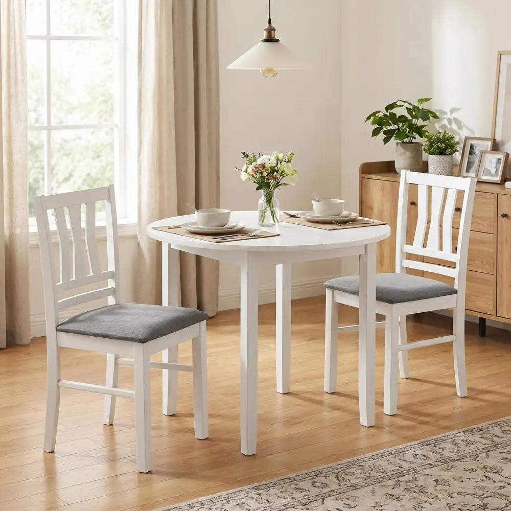 Set of 2 Linen Style Upholstered Kitchen Chairs with Wood Frames-White - White - Dining Chairs