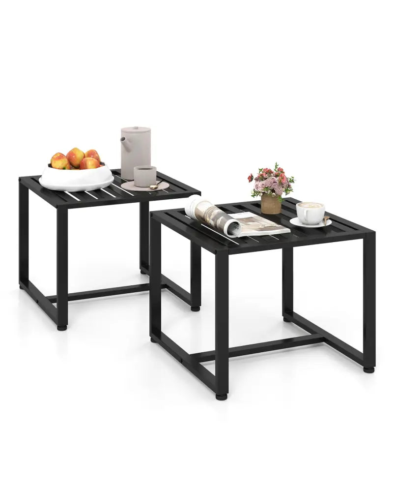 Set of 2 Metal End Tables with Slatted Tabletop-Black - Black - End & Side Tables
