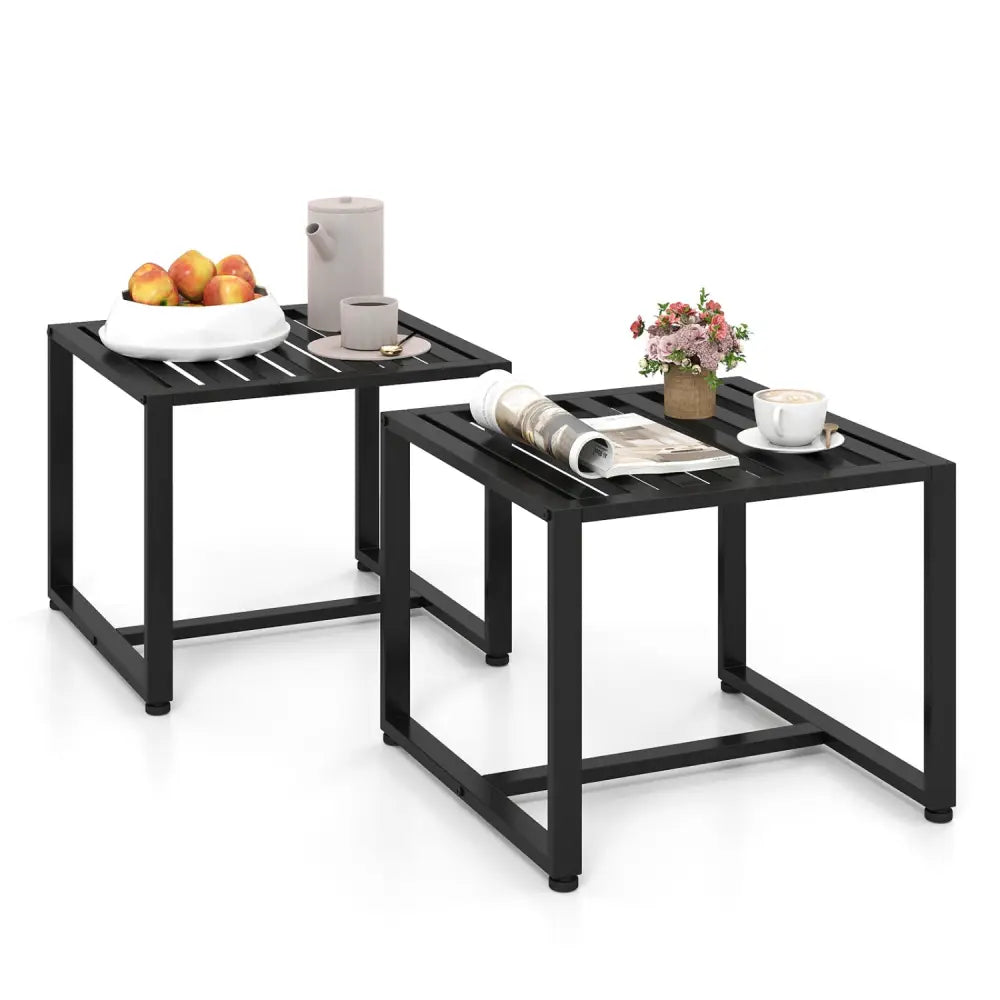 Set of 2 Metal End Tables with Slatted Tabletop-Black - Black - End & Side Tables