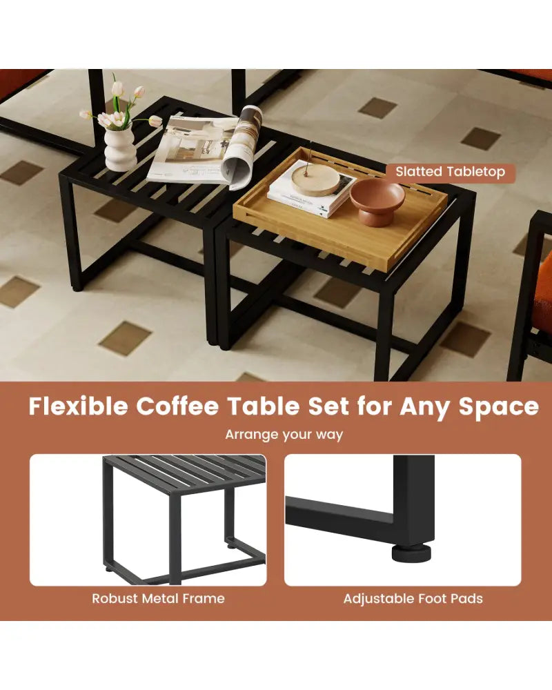 Set of 2 Metal End Tables with Slatted Tabletop-Black - Black - End & Side Tables
