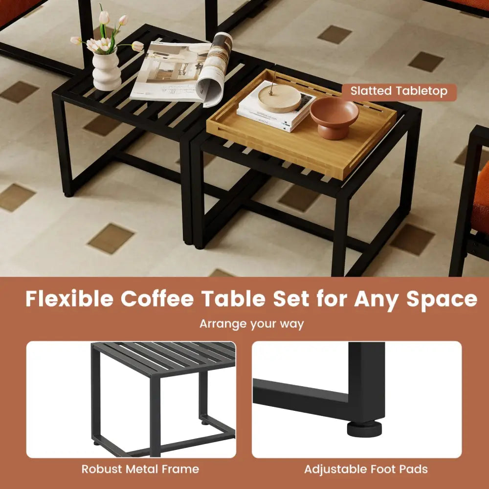 Set of 2 Metal End Tables with Slatted Tabletop-Black - Black - End & Side Tables