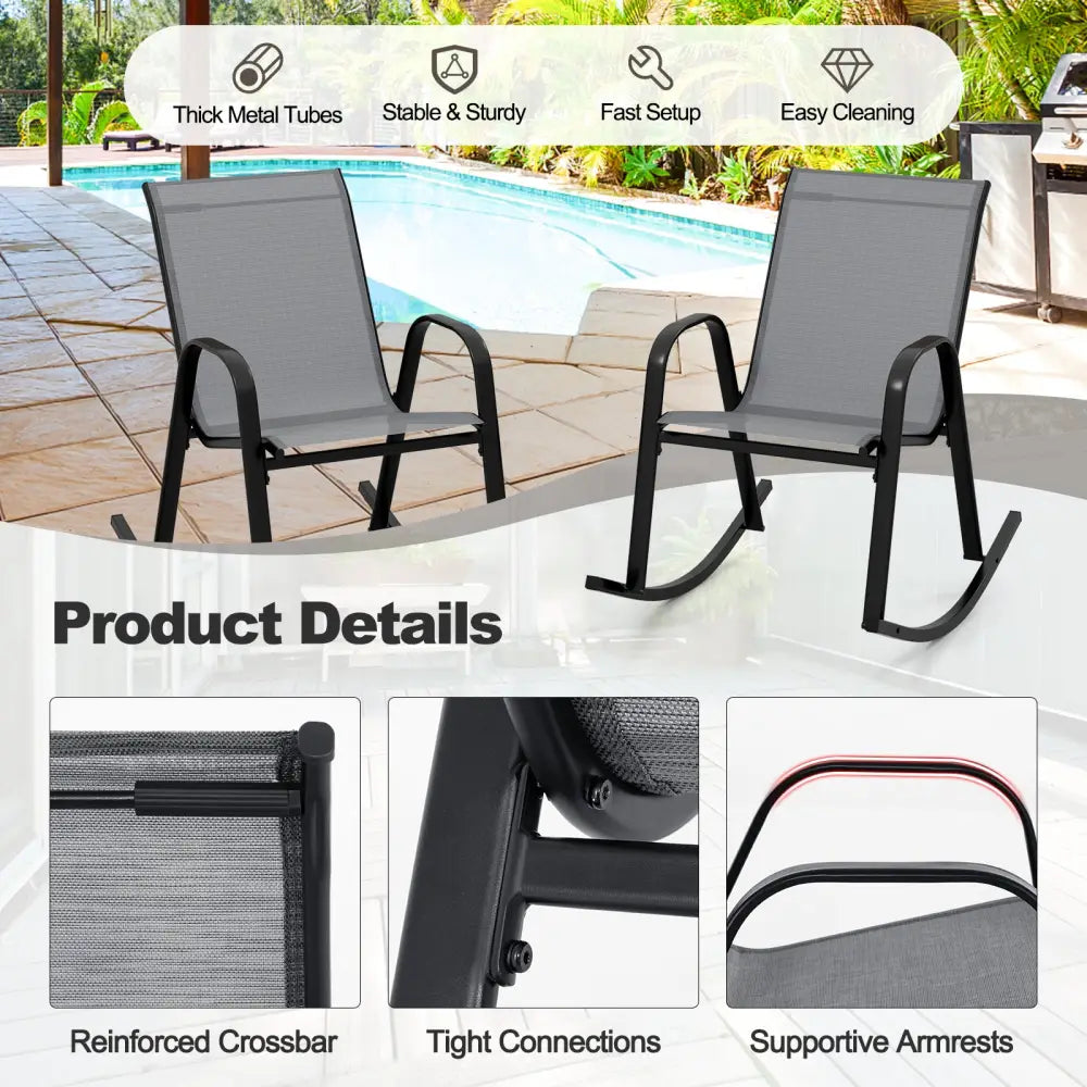Set of 2 Metal Patio Rocking Chair with Breathable Seat Fabric-Gray - Gray - Patio Rocking Chairs & Gliders