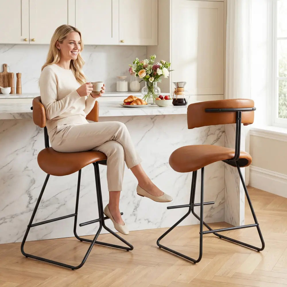 Set of 2 Modern Counter Height Stools 25 Inch Faux Leather Upholstered-Espresso - Espresso - Bar Stools