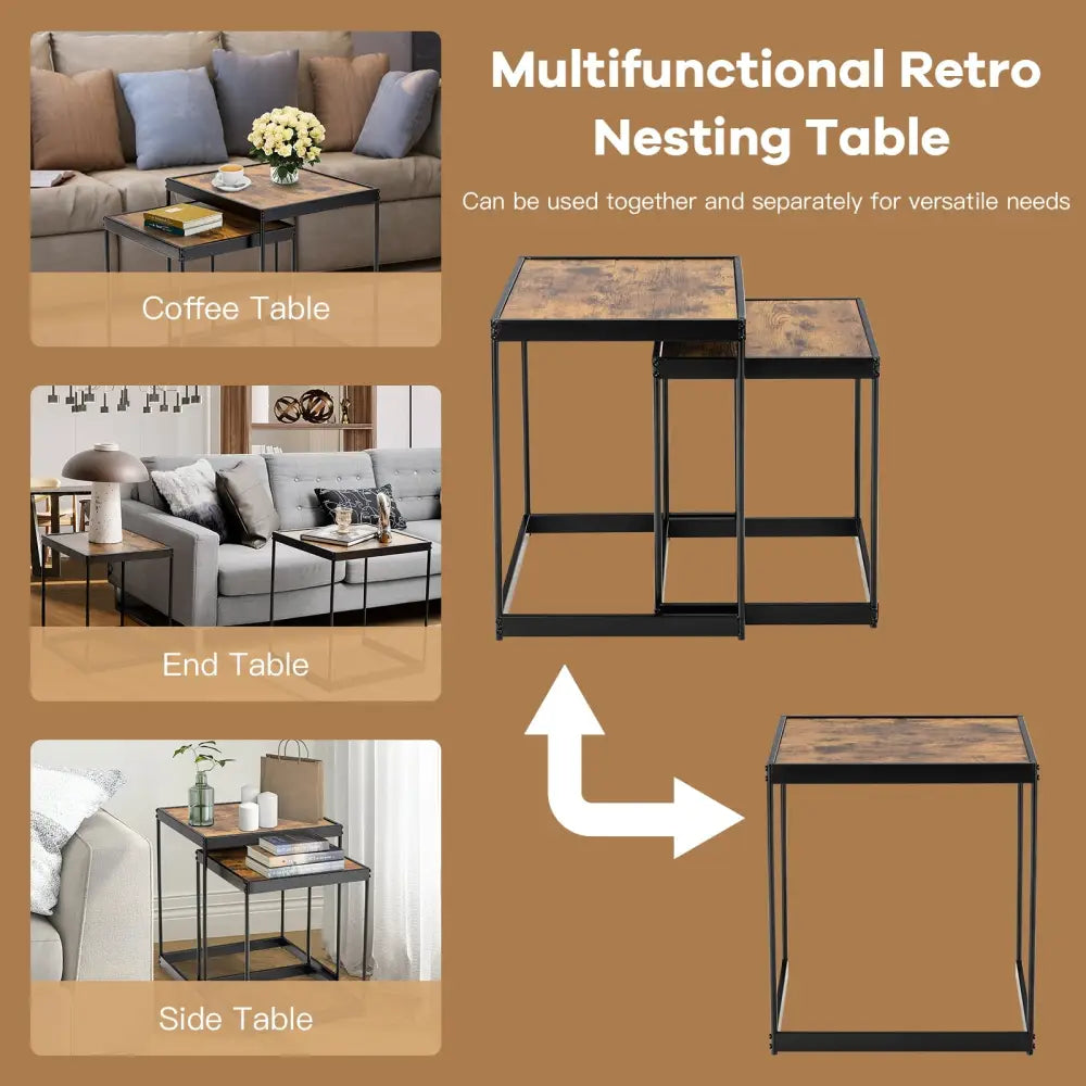 Set of 2 Modern Nesting End Tables with Metal Legs for Living Room-Rustic Brown - Rustic Brown - Coffee Tables