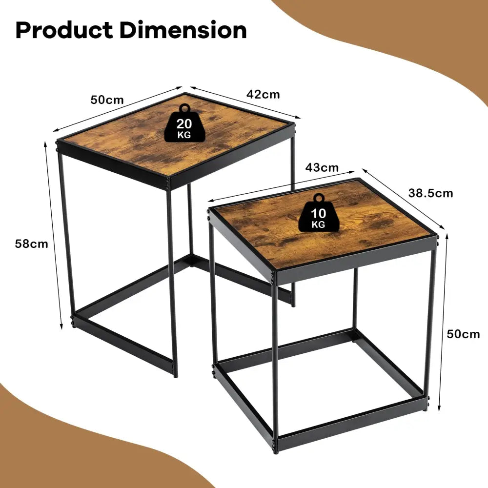 Set of 2 Modern Nesting End Tables with Metal Legs for Living Room-Rustic Brown - Rustic Brown - Coffee Tables