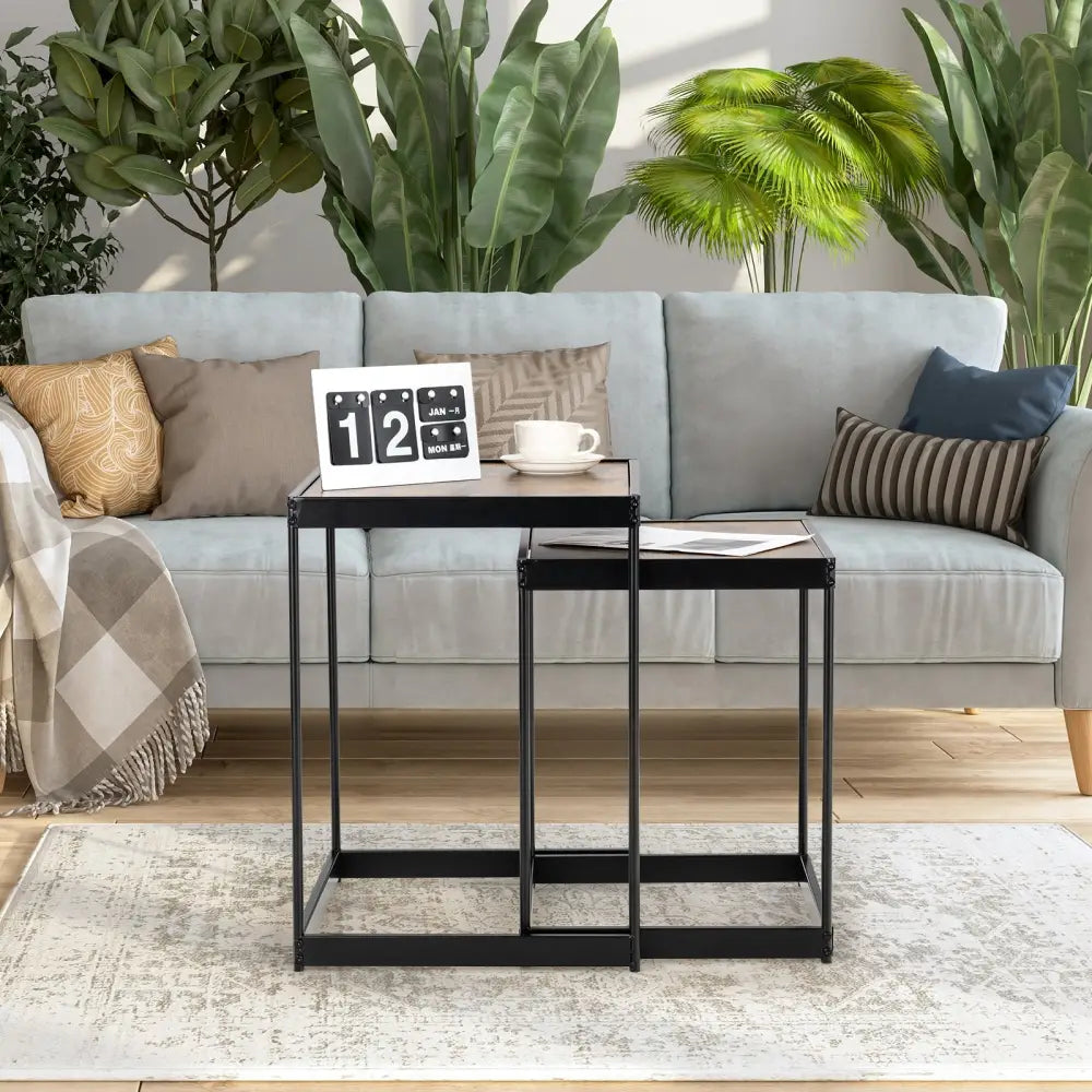 Set of 2 Modern Nesting End Tables with Metal Legs for Living Room-Rustic Brown - Rustic Brown - Coffee Tables