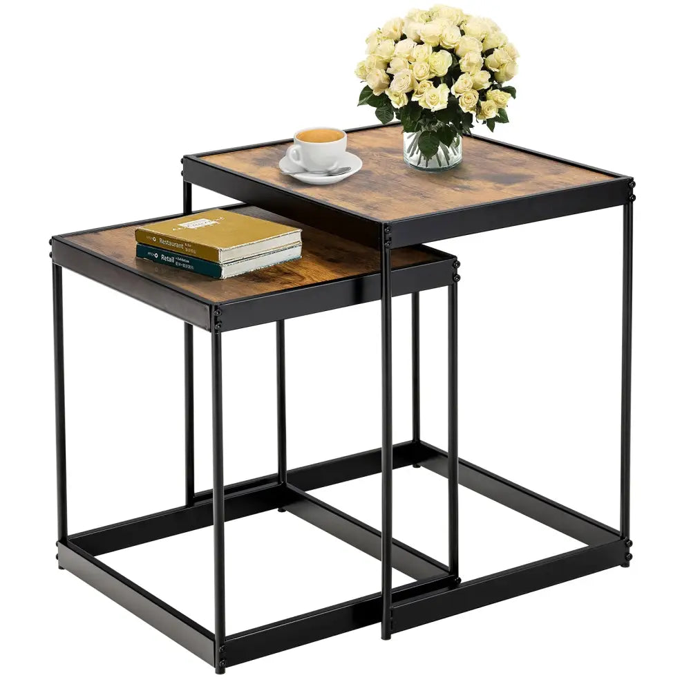 Set of 2 Modern Nesting End Tables with Metal Legs for Living Room-Rustic Brown - Rustic Brown - Coffee Tables