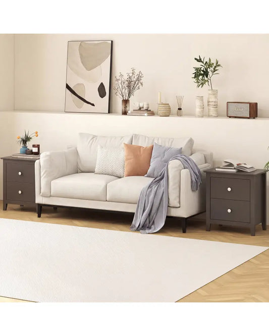 Set of 2 Modern Nightstand with 2 Drawers for Small Spaces-Rustic Brown - Rustic Brown - Nightstands