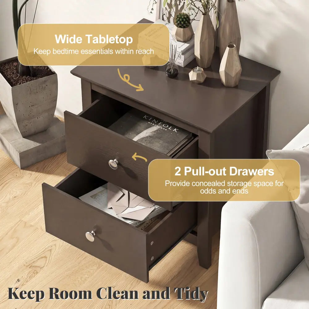 Set of 2 Modern Nightstand with 2 Drawers for Small Spaces-Rustic Brown - Rustic Brown - Nightstands