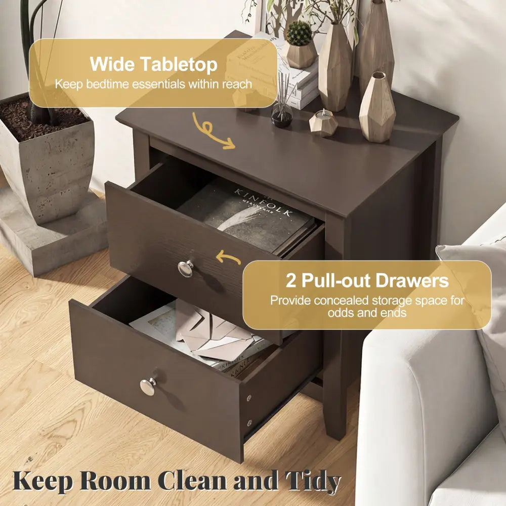 Set of 2 Modern Nightstand with 2 Drawers for Small Spaces-Rustic Brown - Rustic Brown - Nightstands