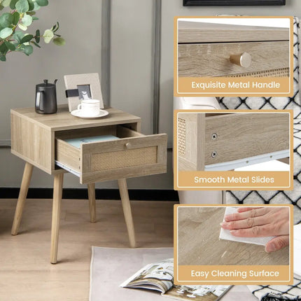 Set of 2 Modern Rattan Nightstand with Drawer and Solid Wood Legs for Bedroom and Living Room-Oak - Natural