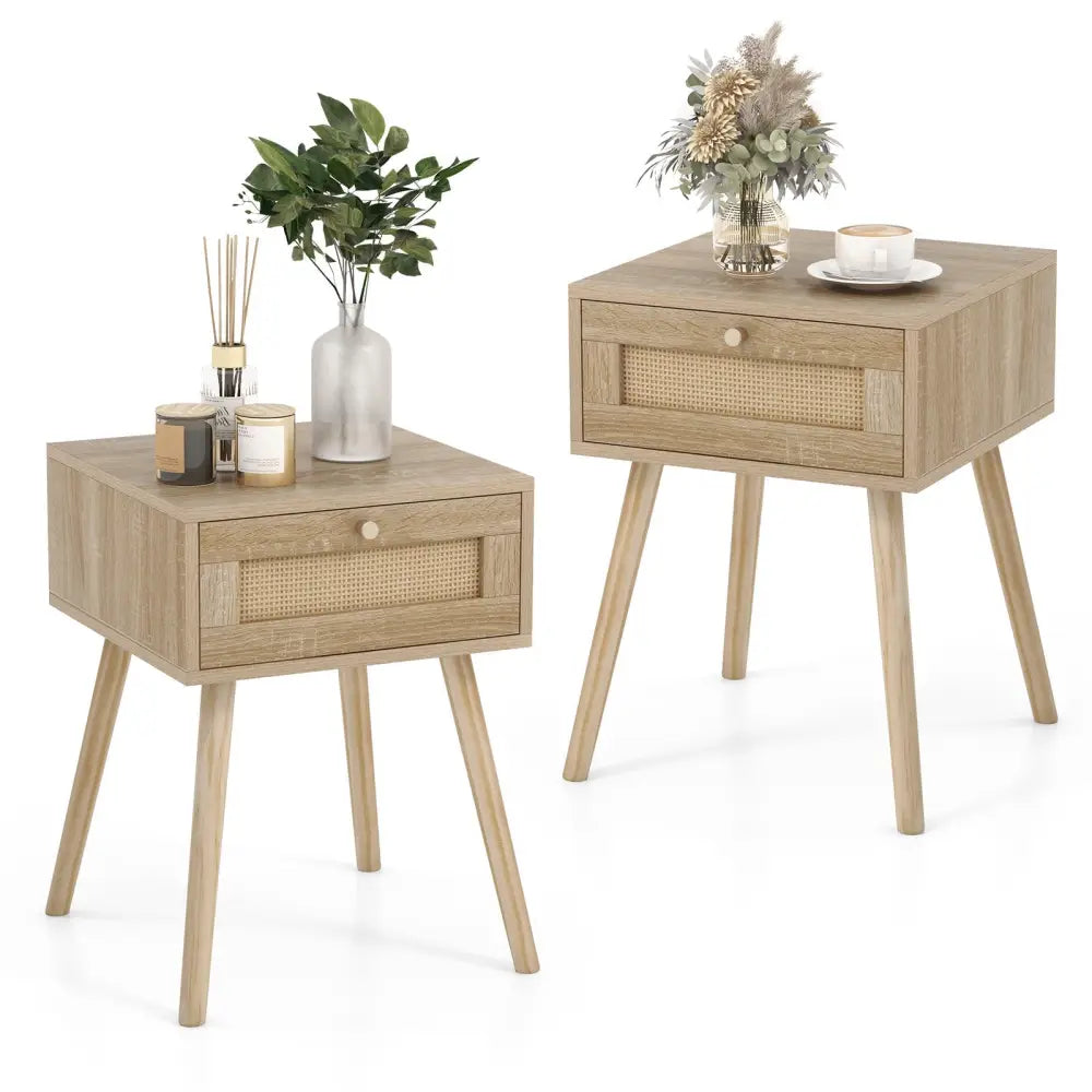 Set of 2 Modern Rattan Nightstand with Drawer and Solid Wood Legs for Bedroom and Living Room-Oak - Natural