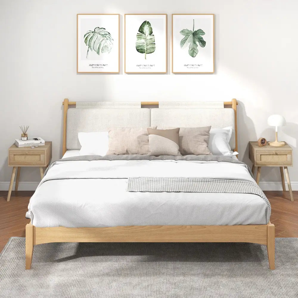 Set of 2 Modern Rattan Nightstand with Drawer and Solid Wood Legs for Bedroom and Living Room-Oak - Natural