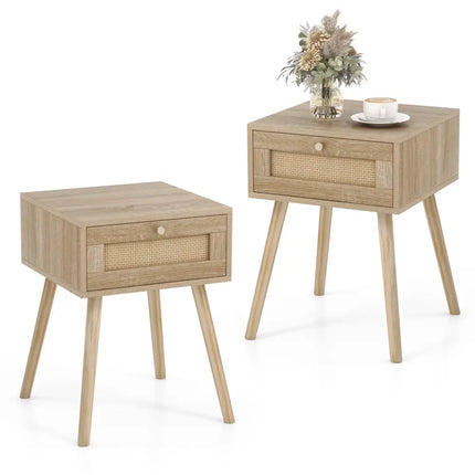Set of 2 Modern Rattan Nightstand with Drawer and Solid Wood Legs for Bedroom and Living Room-Oak - Natural