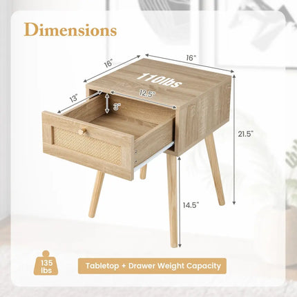 Set of 2 Modern Rattan Nightstand with Drawer and Solid Wood Legs for Bedroom and Living Room-Oak - Natural