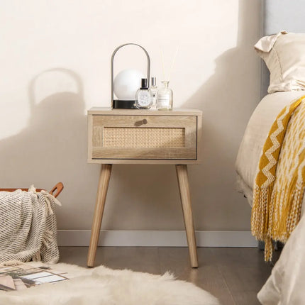 Set of 2 Modern Rattan Nightstand with Drawer and Solid Wood Legs for Bedroom and Living Room-Oak - Natural