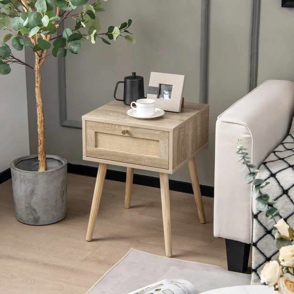 Set of 2 Modern Rattan Nightstand with Drawer and Solid Wood Legs for Bedroom and Living Room-Oak - Natural