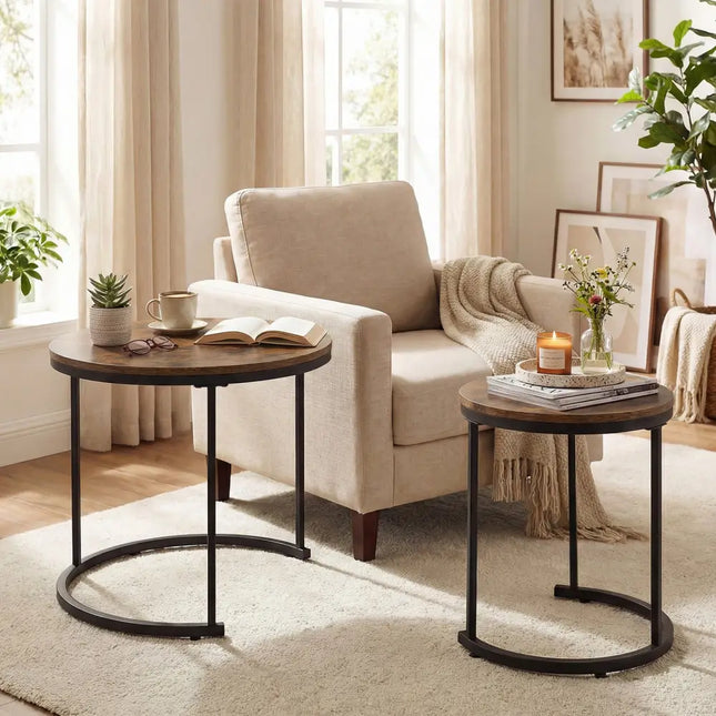 Set of 2 Modern Round Stacking Nesting Coffee Tables for Living Room-Rustic Brown - Rustic Brown - Coffee Tables