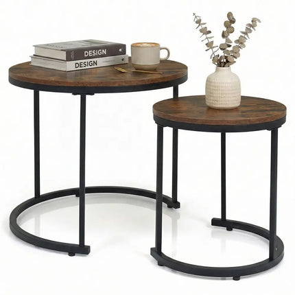 Set of 2 Modern Round Stacking Nesting Coffee Tables for Living Room-Rustic Brown - Rustic Brown - Coffee Tables
