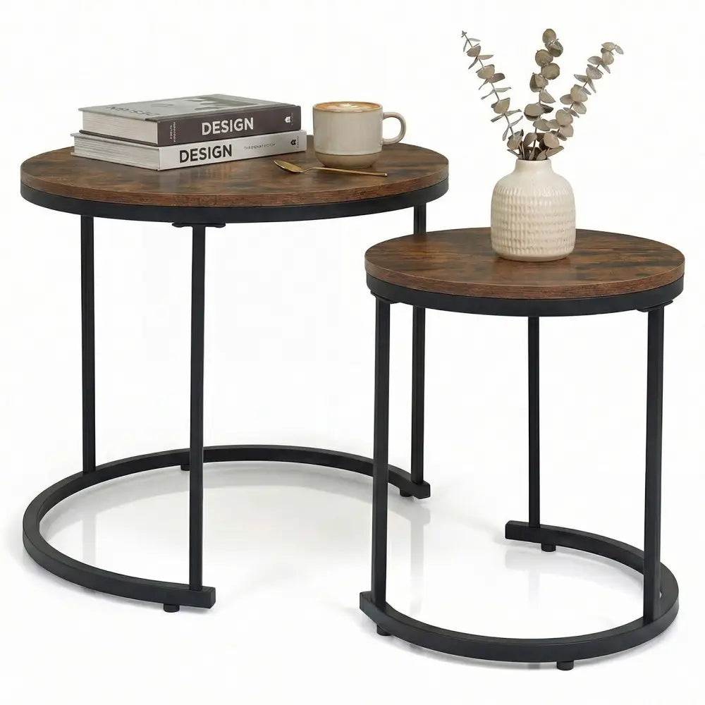 Set of 2 Modern Round Stacking Nesting Coffee Tables for Living Room-Rustic Brown - Rustic Brown - Coffee Tables