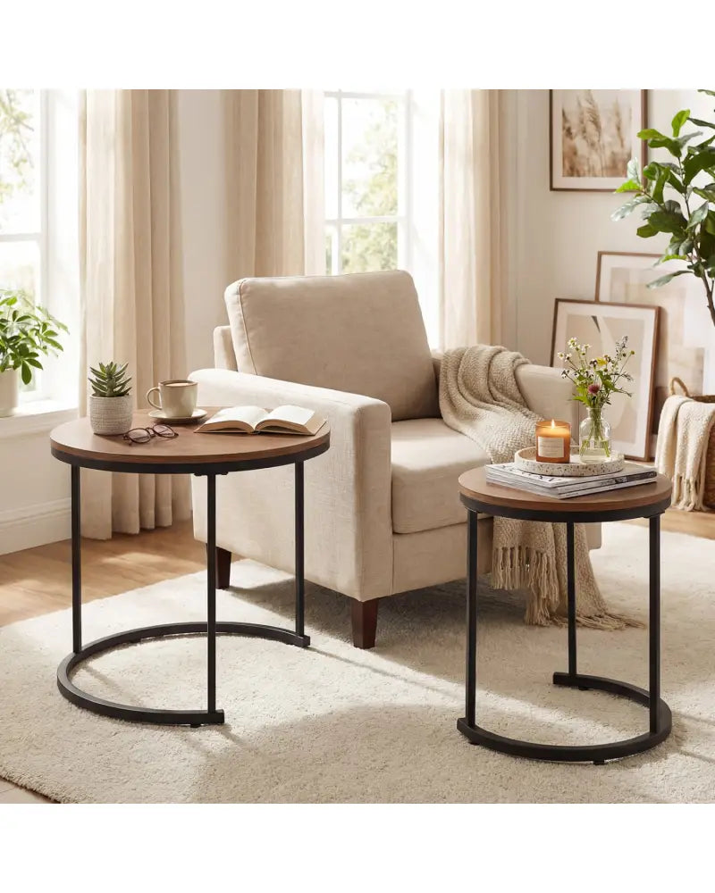 Set of 2 Modern Round Stacking Nesting Coffee Tables for Living Room-Light Brown - Light Brown - Coffee Tables