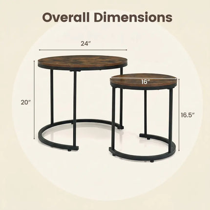 Set of 2 Modern Round Stacking Nesting Coffee Tables for Living Room-Rustic Brown - Rustic Brown - Coffee Tables