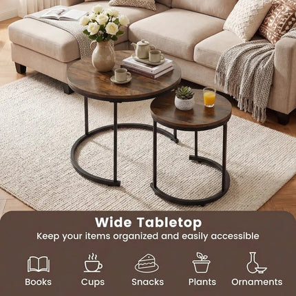 Set of 2 Modern Round Stacking Nesting Coffee Tables for Living Room-Rustic Brown - Rustic Brown - Coffee Tables