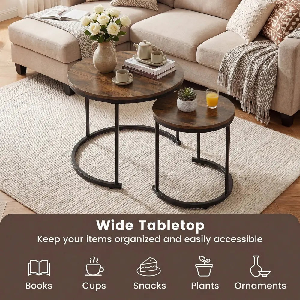 Set of 2 Modern Round Stacking Nesting Coffee Tables for Living Room-Rustic Brown - Rustic Brown - Coffee Tables