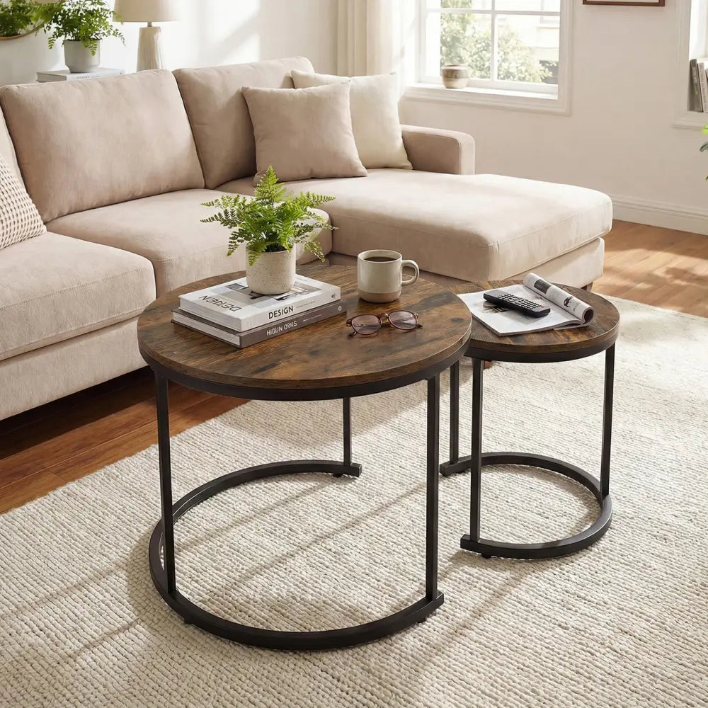Set of 2 Modern Round Stacking Nesting Coffee Tables for Living Room-Rustic Brown - Rustic Brown - Coffee Tables