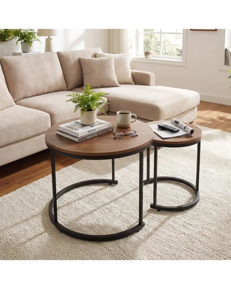 Set of 2 Modern Round Stacking Nesting Coffee Tables for Living Room-Light Brown - Light Brown - Coffee Tables