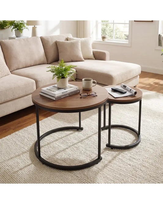 Set of 2 Modern Round Stacking Nesting Coffee Tables for Living Room-Light Brown - Light Brown - Coffee Tables