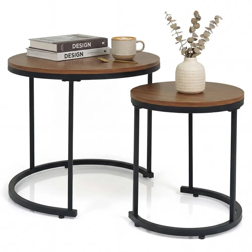 Set of 2 Modern Round Stacking Nesting Coffee Tables for Living Room-Light Brown - Light Brown - Coffee Tables
